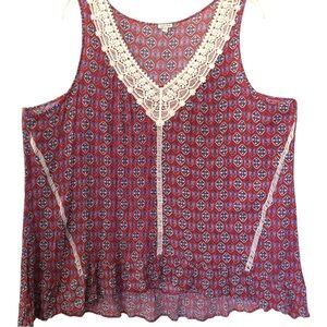Y2K Women Sleeveless Red Top Crochet V-Neck Ruffle Hi Low Hew Cottagecore sz 3X